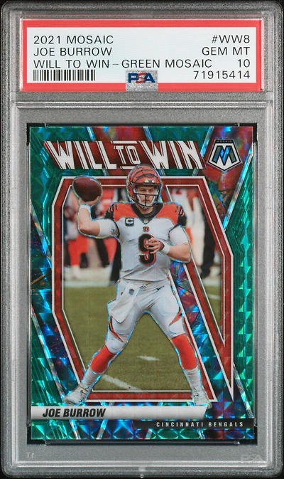 2021 Panini Mosaic Will To Win Ww8 Joe Burrow Green Mosaic PSA 10