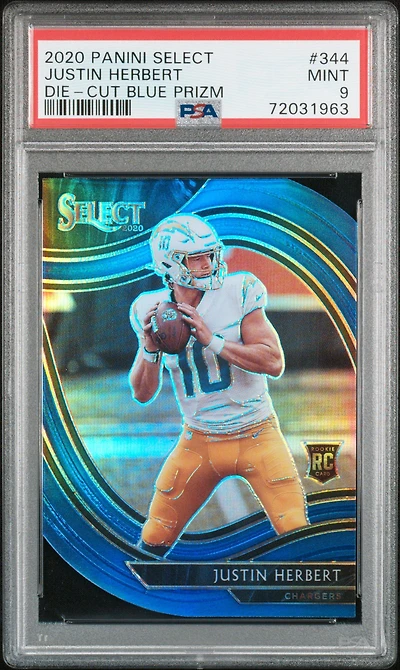 2020 Panini Select 344 Justin Herbert Die-cut Blue Prizm PSA 9