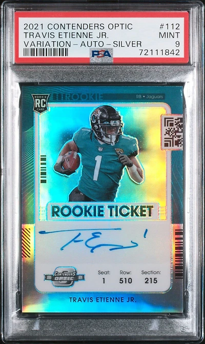 2021 Panini Contenders Optic 112 Travis Etienne Jr. Variation-autograph-silver PSA 9