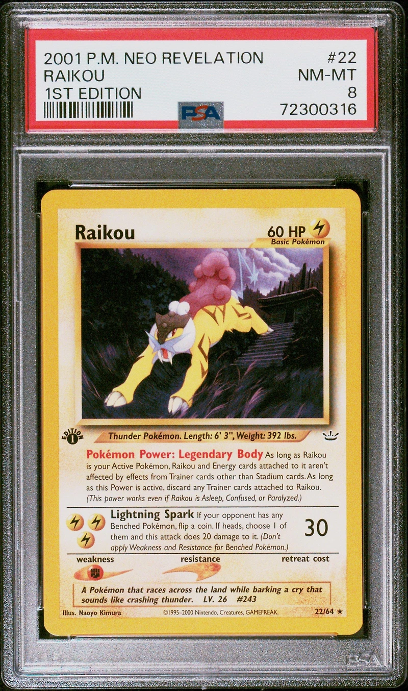 2001 Pokemon Neo Revelation 22 Raikou 1st Edition PSA 8