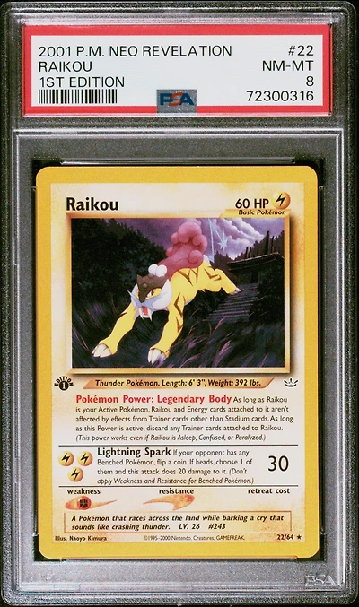 2001 Pokemon Neo Revelation 22 Raikou 1st Edition PSA 8