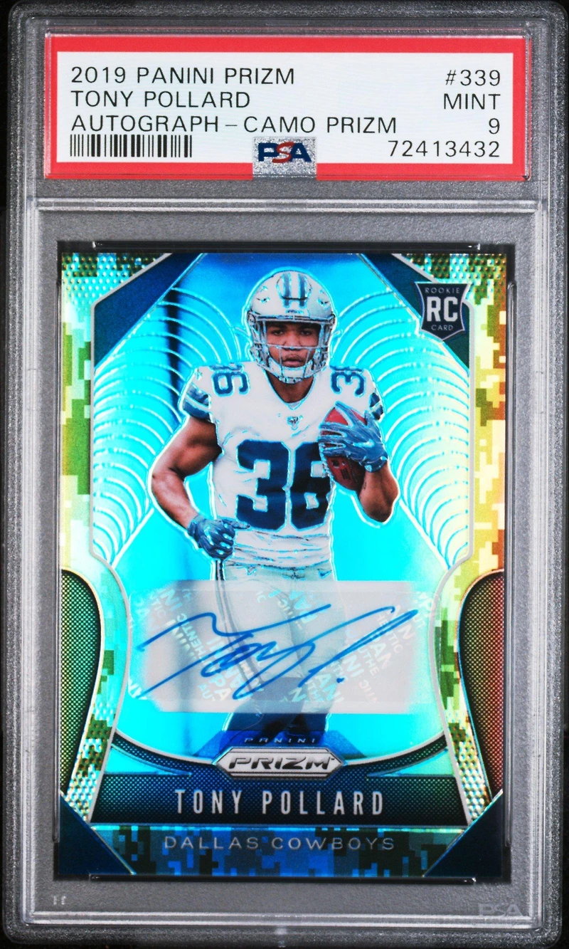 2019 Panini Prizm 339 Tony Pollard Autograph-camo Prizm PSA 9