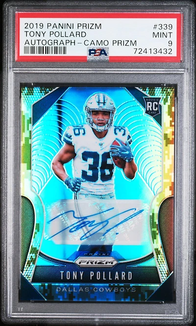 2019 Panini Prizm 339 Tony Pollard Autograph-camo Prizm PSA 9