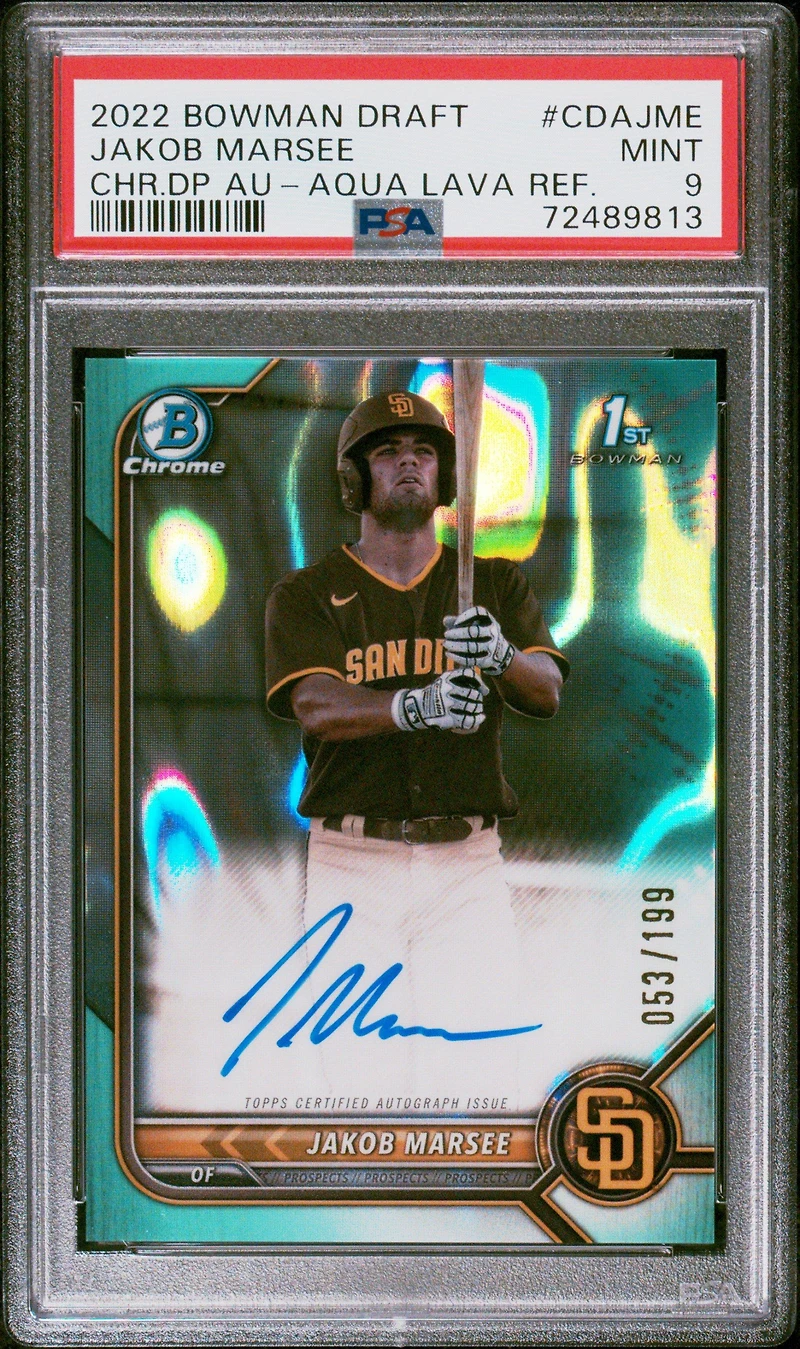 2022 Bowman Draft Chrome Draft Pick Autographs Cdajme Jakob Marsee Aqua Lava Refractor PSA 9