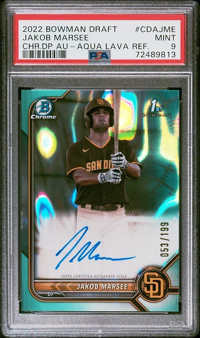 2022 Bowman Draft Chrome Draft Pick Autographs Cdajme Jakob Marsee Aqua Lava Refractor PSA 9