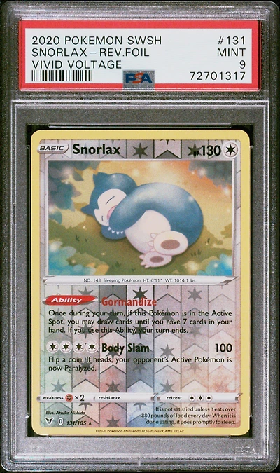 2020 Pokemon Sword & Shield Vivid Voltage 131 Snorlax-reverse Foil PSA 9