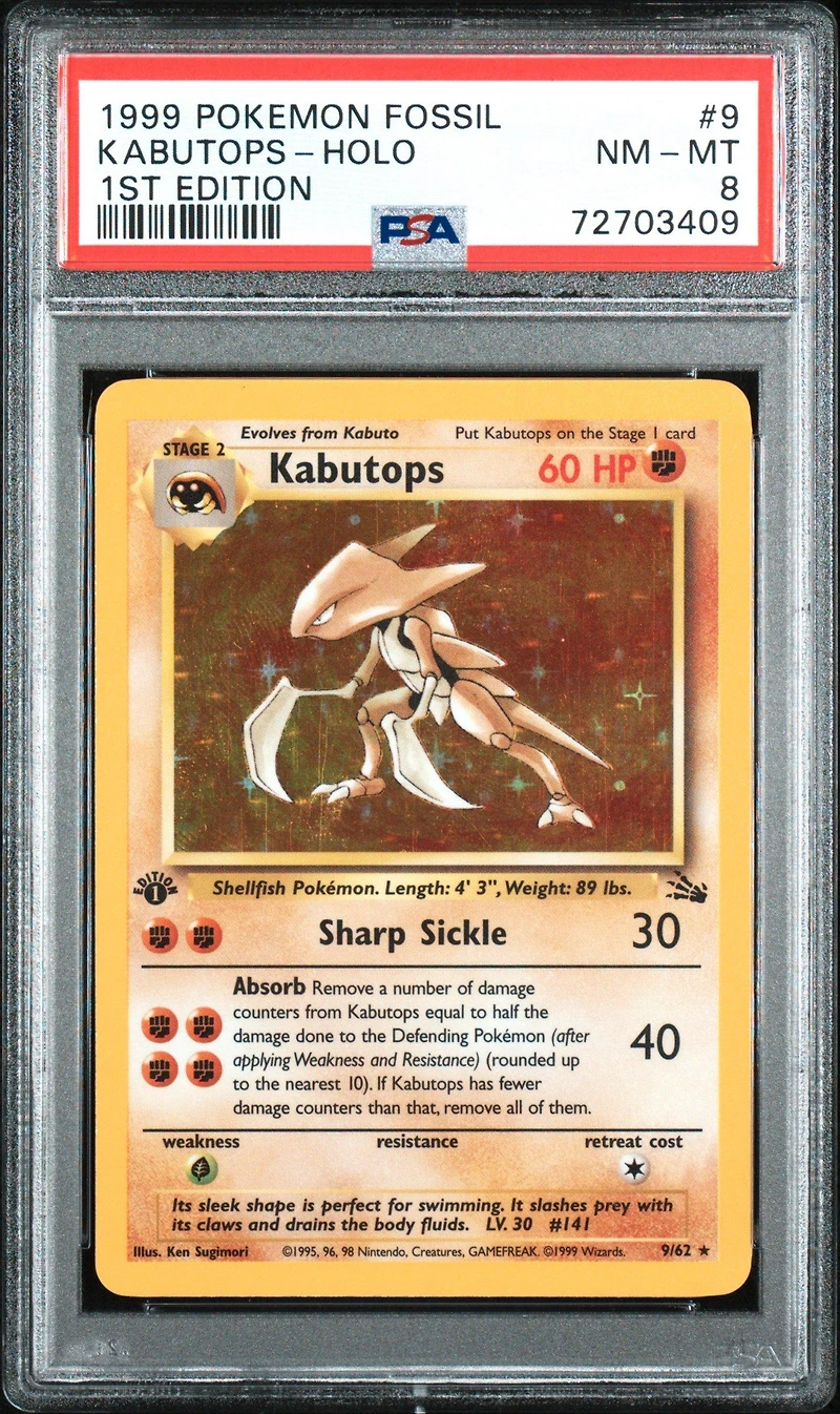1999 Pokemon Fossil 9 Kabutops-holo 1st Edition PSA 8
