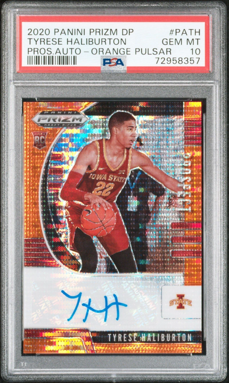 2020 Panini Prizm Draft Picks Prospect Autographs Path Tyrese Haliburton Orange Pulsar PSA 10