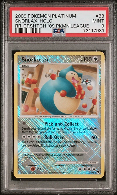 2009 Pokemon Platinum Rising Rivals 33 Snorlax-holo Crosshatch-2009 Pokemon League PSA 9