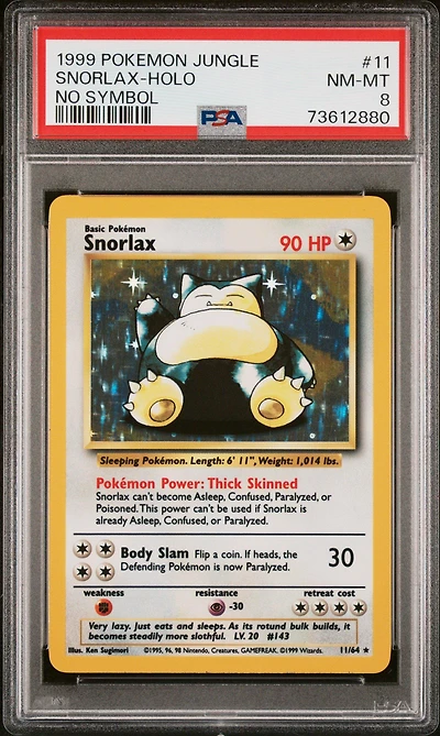 1999 Pokemon Jungle 11 Snorlax-holo No Symbol PSA 8