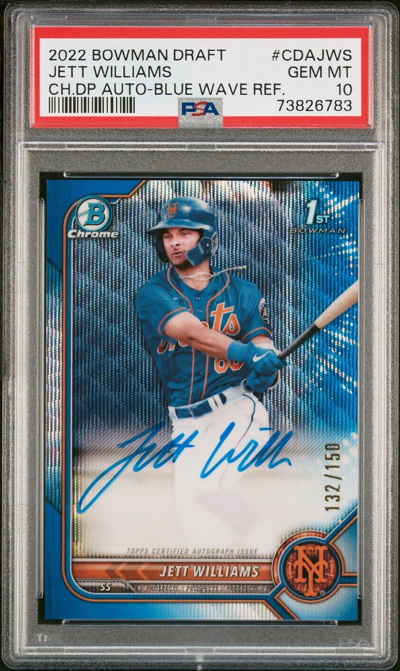 2022 Bowman Draft Chrome Draft Pick Autographs Cdajws Jett Williams Blue Wave Refractor PSA 10
