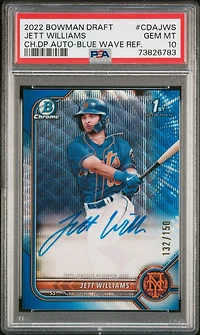 2022 Bowman Draft Chrome Draft Pick Autographs Cdajws Jett Williams Blue Wave Refractor PSA 10