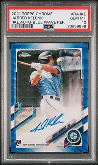 2021 Topps Chrome Rookie Autographs Rajke Jarred Kelenic Blue Wave Refractor PSA 10