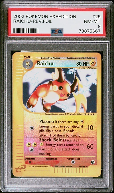 2002 Pokemon Expedition 25 Raichu-reverse Foil PSA 8