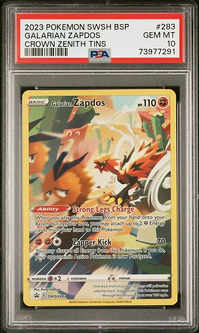 2023 Pokemon Swsh Black Star Promo 283 Galarian Zapdos Crown Zenith Tins PSA