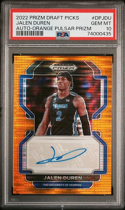 2022-23 Panini Prizm Draft Picks Draft Picks Autographs Dpjdu Jalen Duren Orange Pulsar Prizm PSA 10