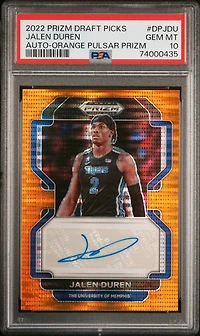 2022-23 Panini Prizm Draft Picks Draft Picks Autographs Dpjdu Jalen Duren Orange Pulsar Prizm PSA 10