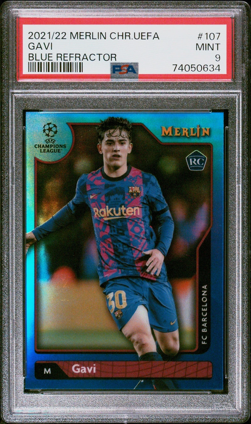 2021-2022 Topps Merlin Chrome Uefa League 107 Gavi Blue Refractor PSA 9