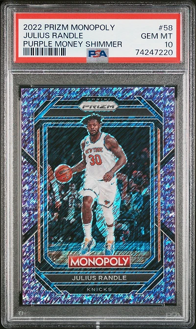 2022 Panini Prizm Monopoly 58 Julius Randle Purple Money Shimmer PSA 10