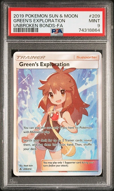 2019 Pokemon Sun & Moon Unbroken Bonds 209 Full Art/green's Exploration PSA 9