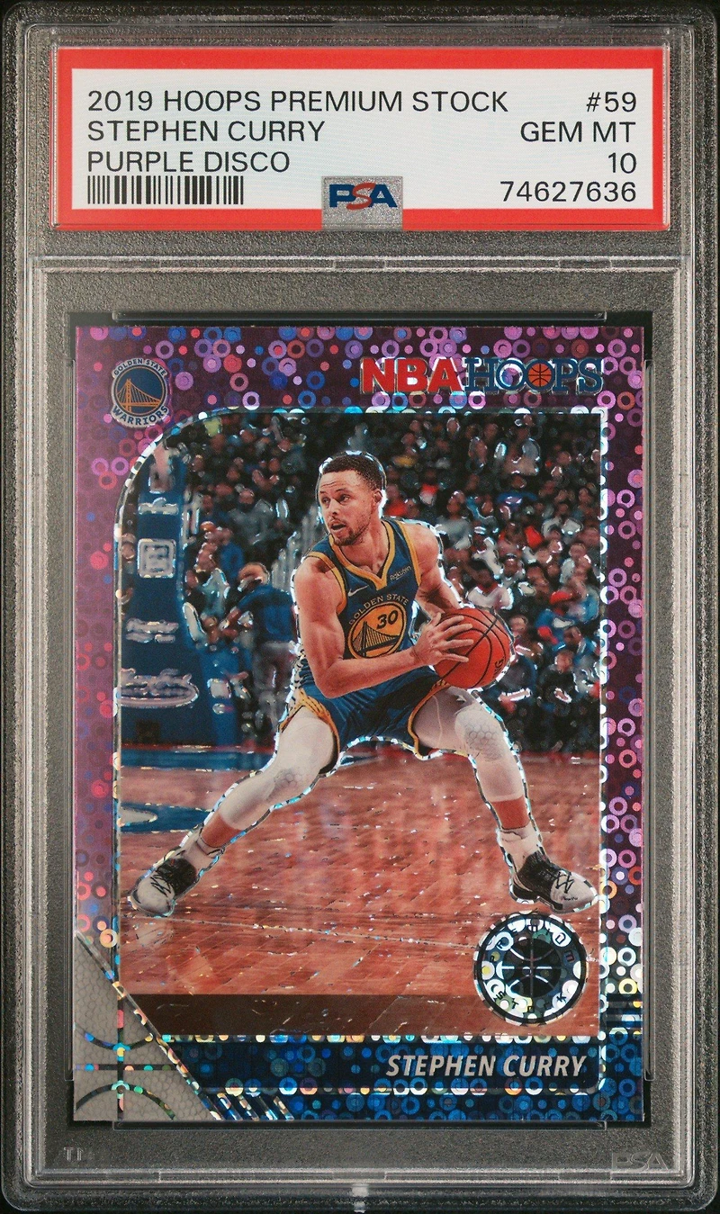 2019 Panini Hoops Premium Stock 59 Stephen Curry Purple Disco PSA 10
