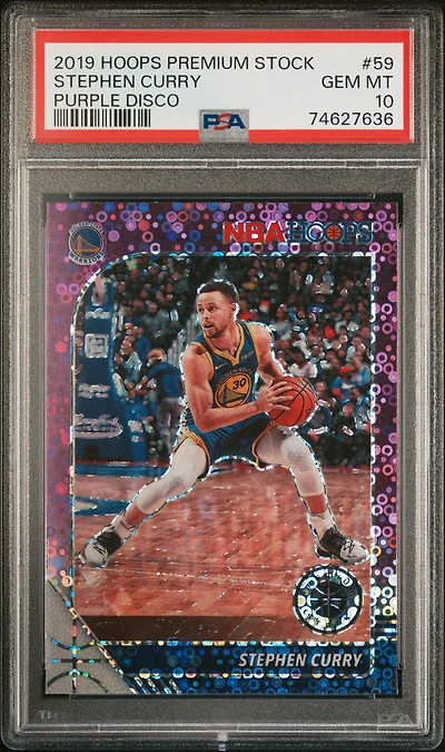 2019 Panini Hoops Premium Stock 59 Stephen Curry Purple Disco PSA 10