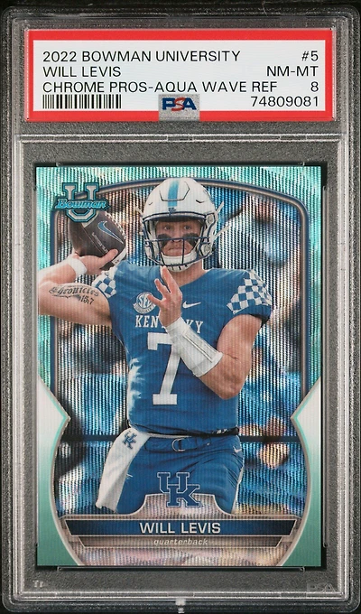 2022 Bowman University Chrome Prospects 5 Will Levis Aqua Wave Refractor PSA 8