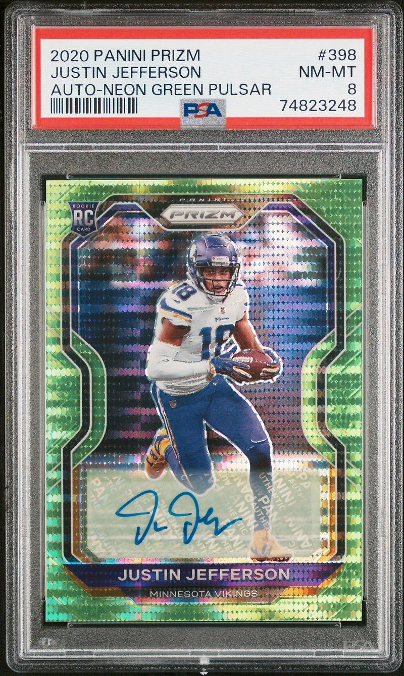 2020 Panini Prizm 398 Justin Jefferson Autograph-neon Green Pulsar PSA 8