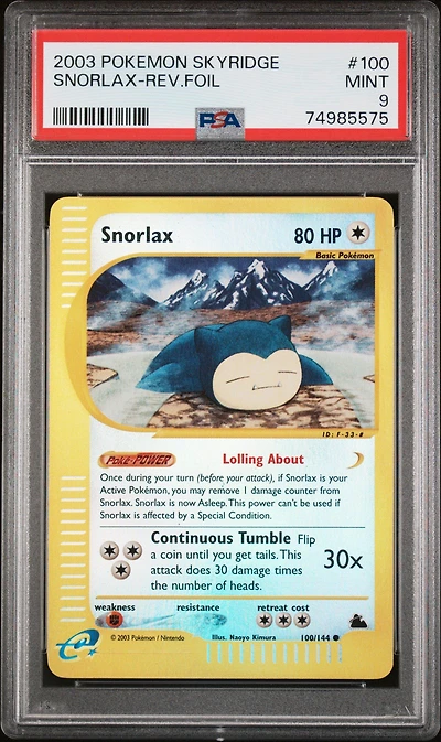 2003 Pokemon Skyridge 100 Snorlax-reverse Foil PSA 9