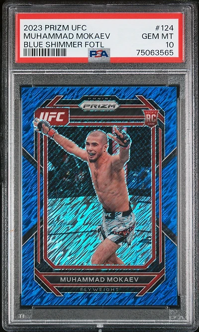 2023 Panini Prizm Ufc 124 Muhammad Mokaev Blue Shimmer Fotl PSA 10