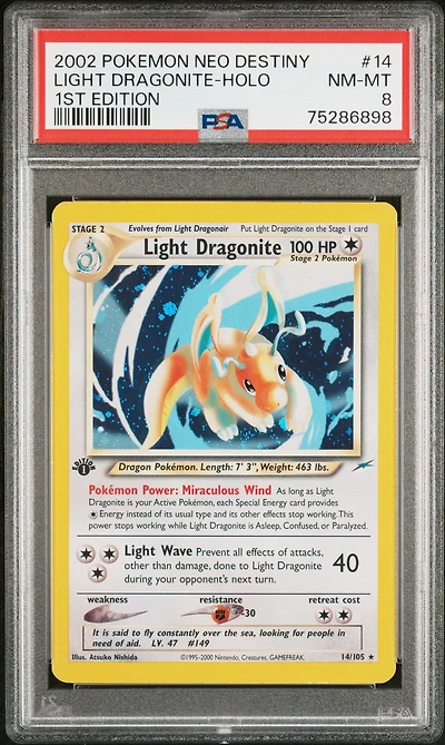 2002 Pokemon Neo Destiny 14 Light Dragonite-holo 1st Edition PSA 8