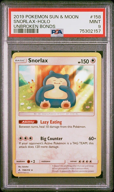 2019 Pokemon Sun & Moon Unbroken Bonds 158 Snorlax-holo PSA