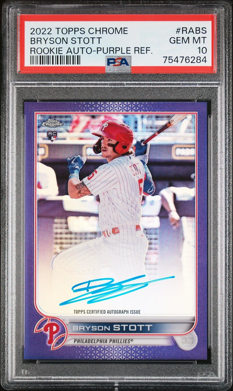 2022 Topps Chrome Rookie Autographs Rabs Bryson Stott Purple Refractor PSA 10