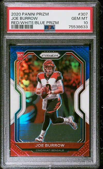 2020 Panini Prizm 307 Joe Burrow Red/white/blue Prizm PSA 10