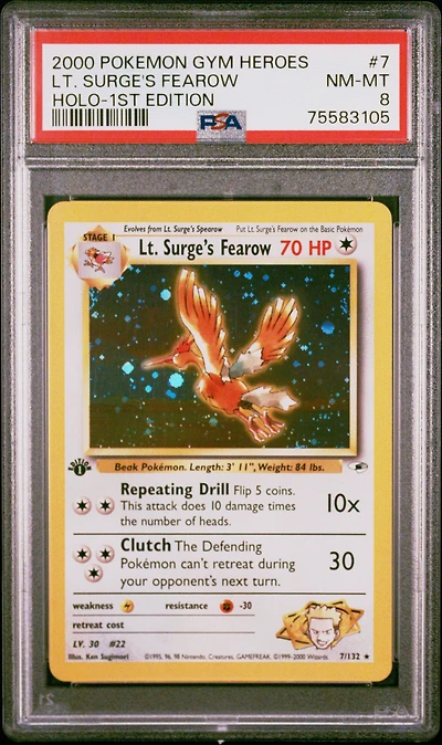 2000 Pokemon Gym Heroes 7 Lt. Surge's Fearow Holo-1st Edition PSA 8