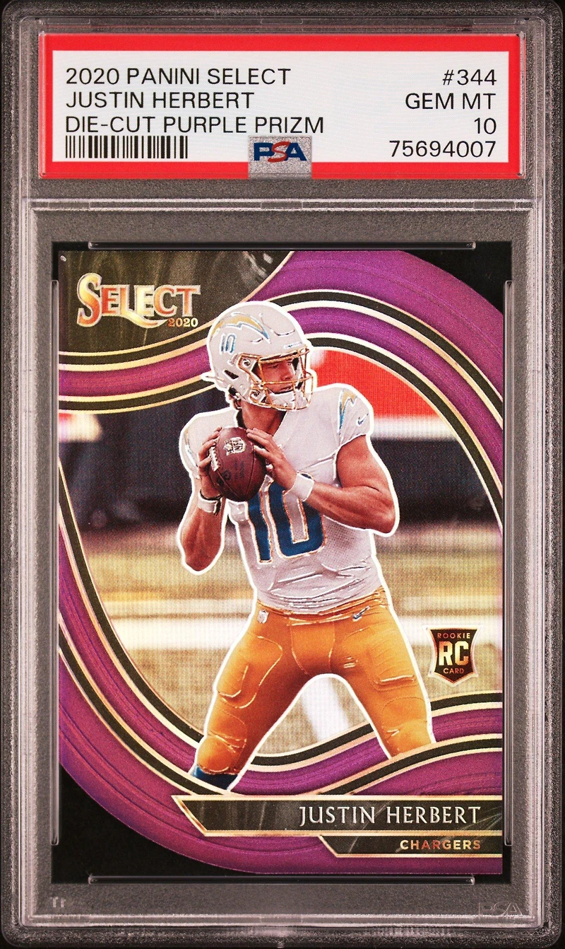 2020 Panini Select 344 Justin Herbert Die-cut Purple Prizm PSA 10
