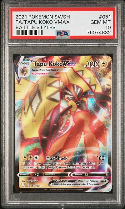 2021 Pokemon Sword & Shield Battle Styles 051 Full Art/tapu Koko Vmax PSA 10