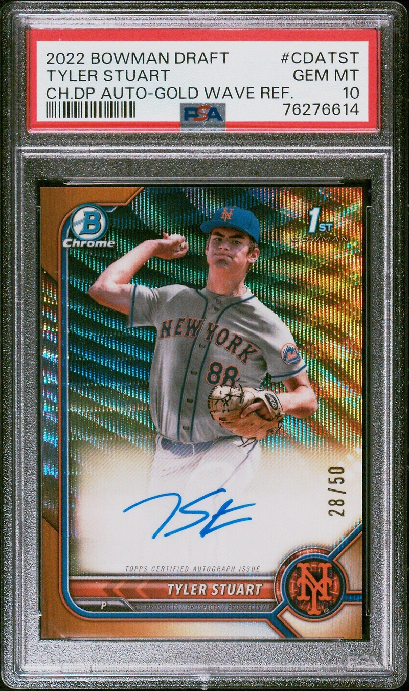 2022 Bowman Draft Chrome Draft Pick Autographs Cdatst Tyler Stuart Gold Wave Refractor PSA 10