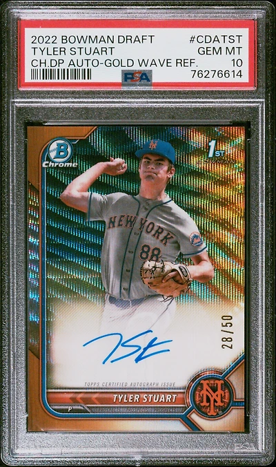 2022 Bowman Draft Chrome Draft Pick Autographs Cdatst Tyler Stuart Gold Wave Refractor PSA 10