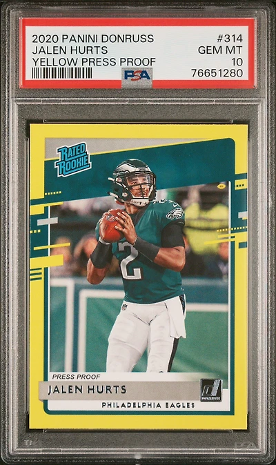 2020 Panini Donruss 314 Jalen Hurts Yellow Press Proof PSA 10