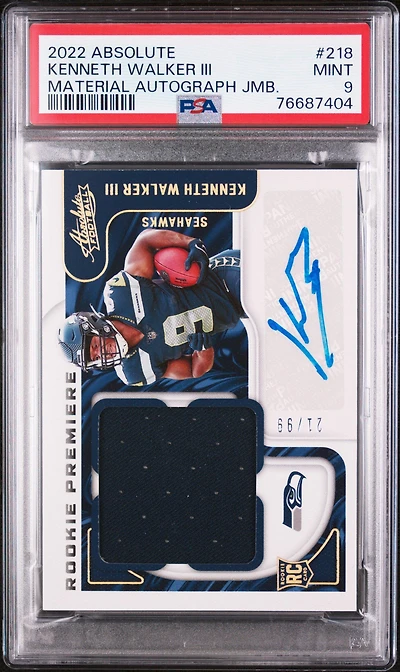 2022 Panini Absolute 218 Kenneth Walker Iii Material Autograph Jumbo PSA 9