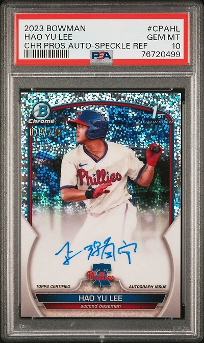 2023 Bowman Chrome Prospect Autographs Cpahl Hao Yu Lee Speckle Refractor PSA 10