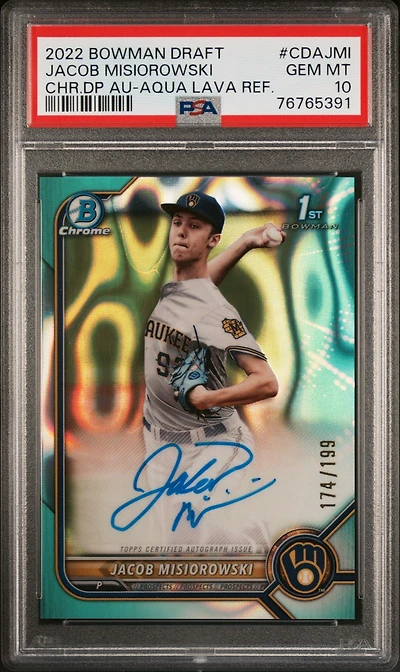2022 Bowman Draft Chrome Draft Pick Autographs Cdajmi Jacob Misiorowski Aqua Lava Refractor PSA 10
