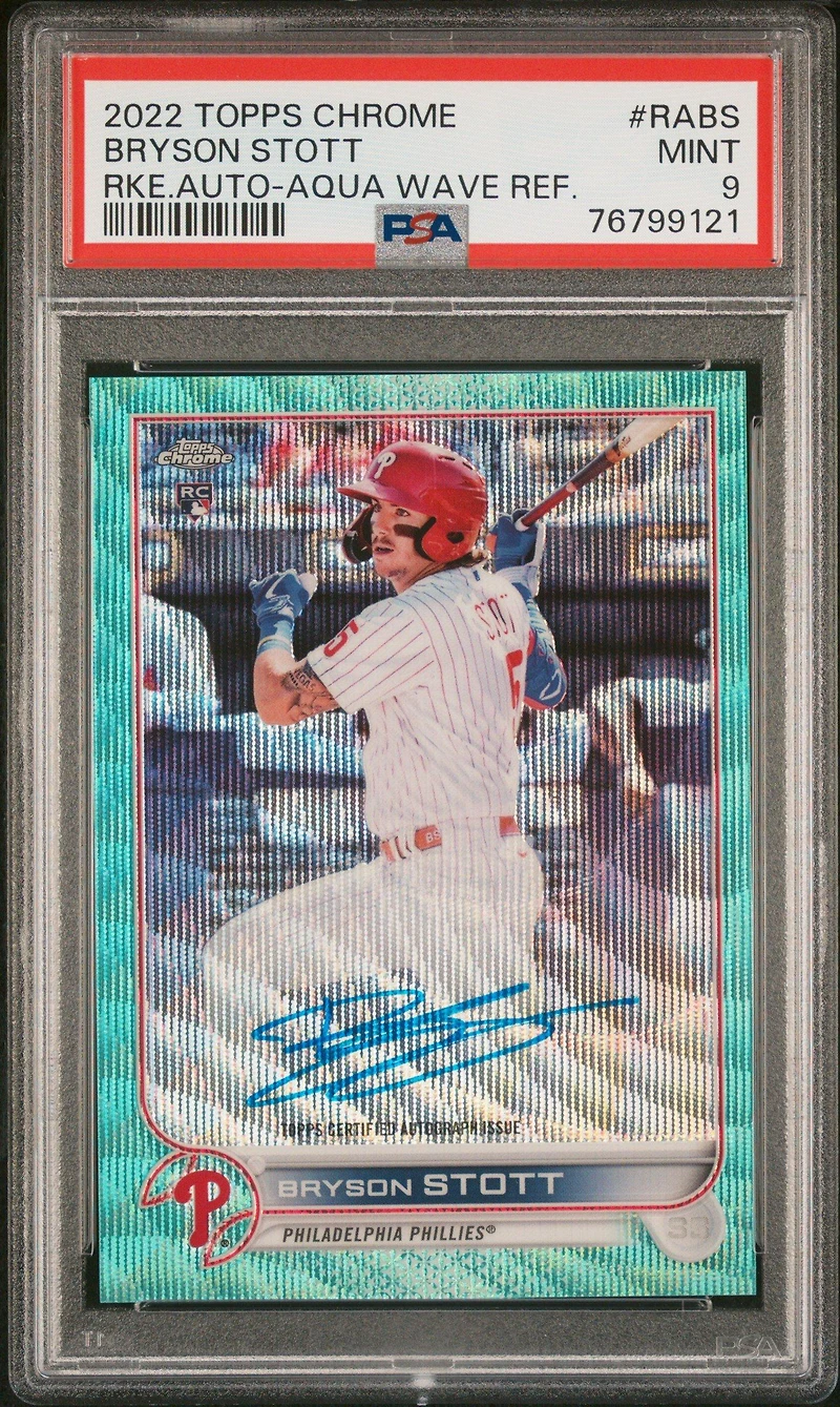 2022 Topps Chrome Rookie Autographs Rabs Bryson Stott Aqua Wave Refractor PSA 9