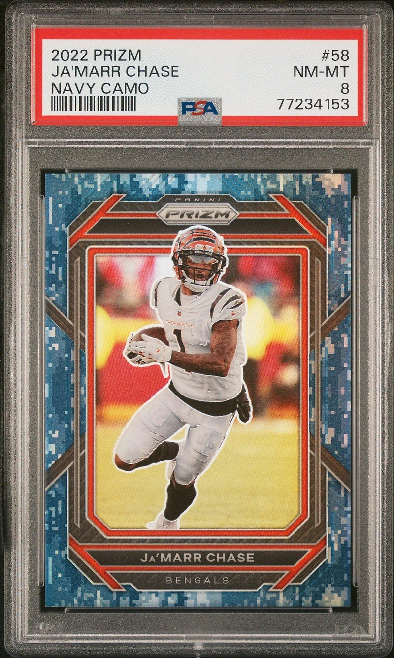 2022 Panini Prizm 58 Ja'marr Chase Navy Camo PSA 8