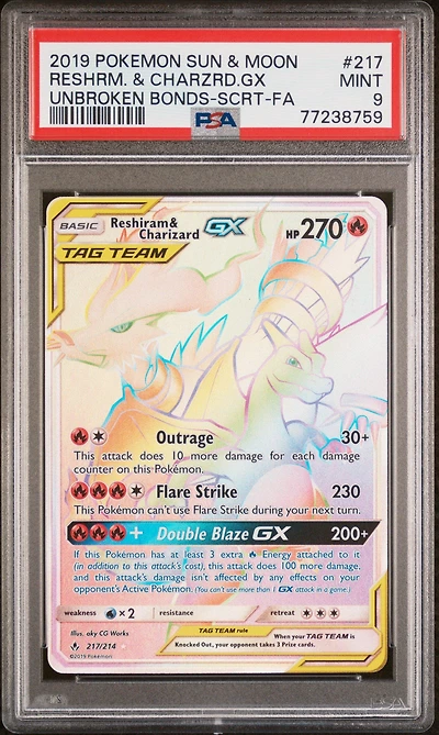 2019 Pokemon Sun & Moon Unbroken Bonds 217 Reshrm. & Charzrd.gx PSA 9