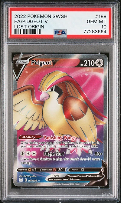 2022 Pokemon Sword & Shield Lost Origin 188 Full Art/pidgeot V PSA 10