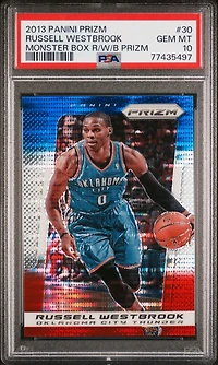 2013 Panini Prizm Monster Box Red, White, & Blue Prizm 30 Russell Westbrook PSA 10
