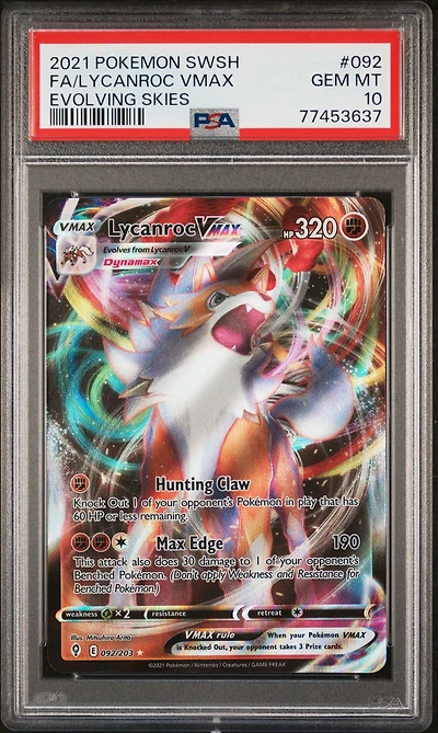 2021 Pokemon Sword & Shield Evolving Skies 092 Full Art/lycanroc Vmax PSA 10