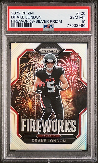 2022 Panini Prizm Fireworks F20 Drake London Silver Prizm PSA 10